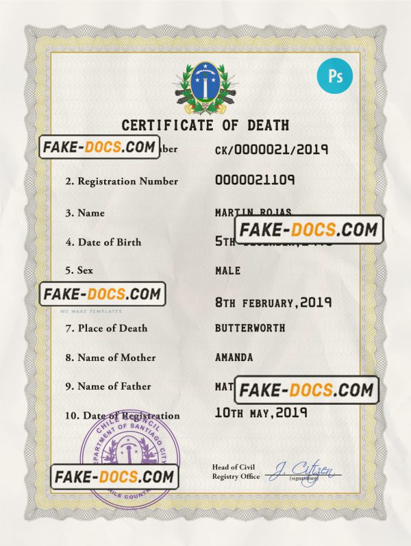 Chile vital record death certificate PSD template scan