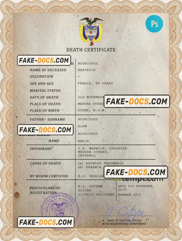 Colombia vital record death certificate PSD template, fully editable scan