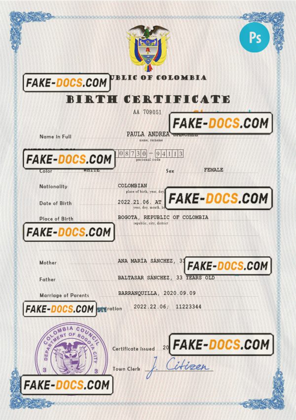 Colombia birth certificate PSD template, completely editable scan