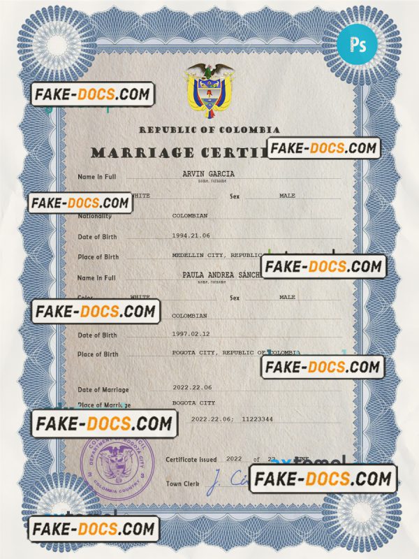 Colombia marriage certificate PSD template, fully editable scan