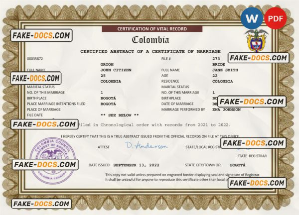Colombia marriage certificate Word and PDF template, fully editable scan
