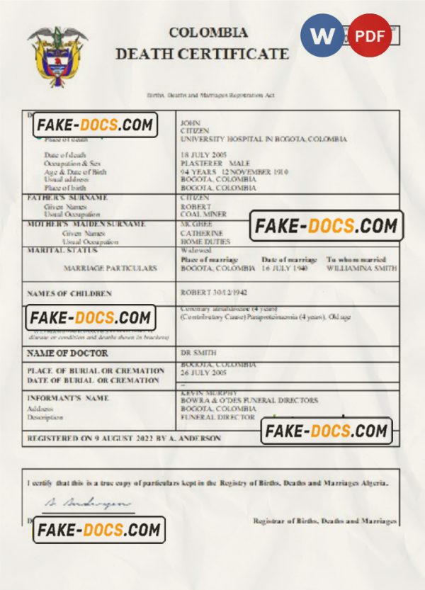 Colombia death certificate Word and PDF template, completely editable scan