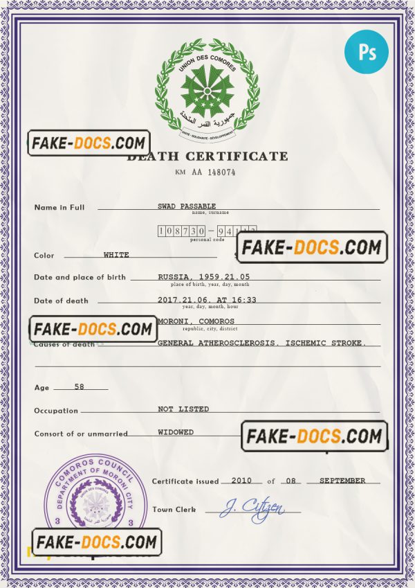Comoros death certificate PSD template, completely editable scan