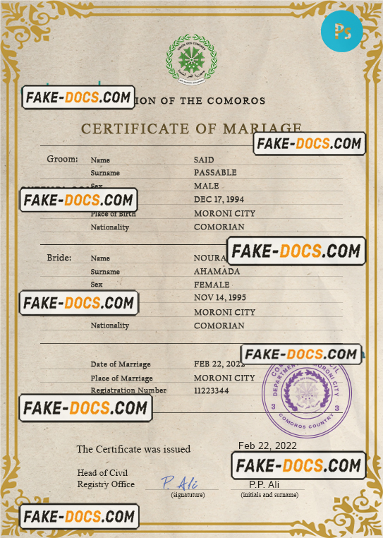 Comoros marriage certificate PSD template, completely editable scan