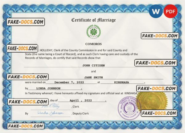 Comoros marriage certificate Word and PDF template, completely editable scan