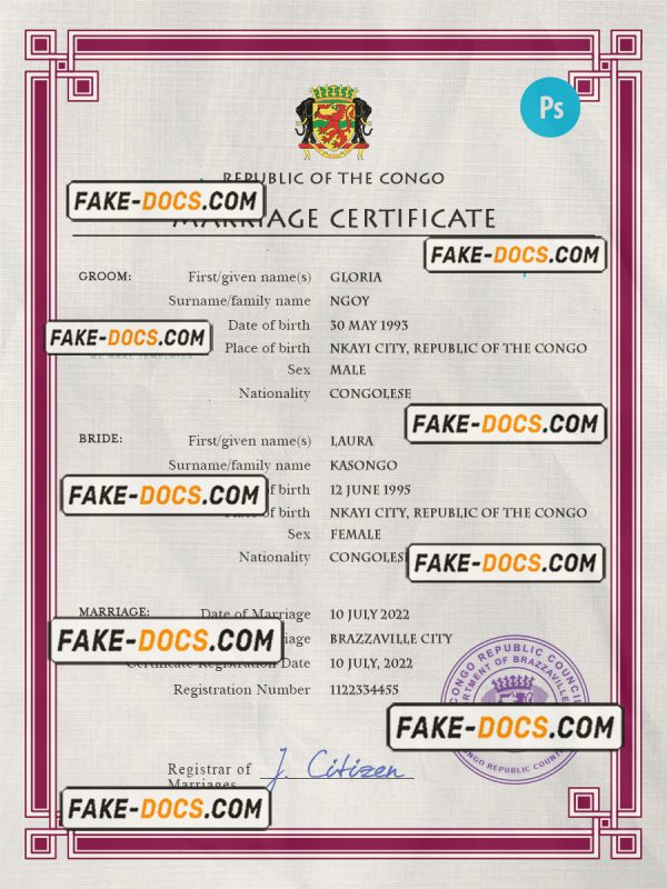 Congo, Republic of the marriage certificate PSD template, completely editable scan