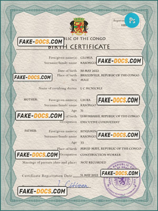 Congo (Republic of the) vital record birth certificate PSD template, completely editable scan