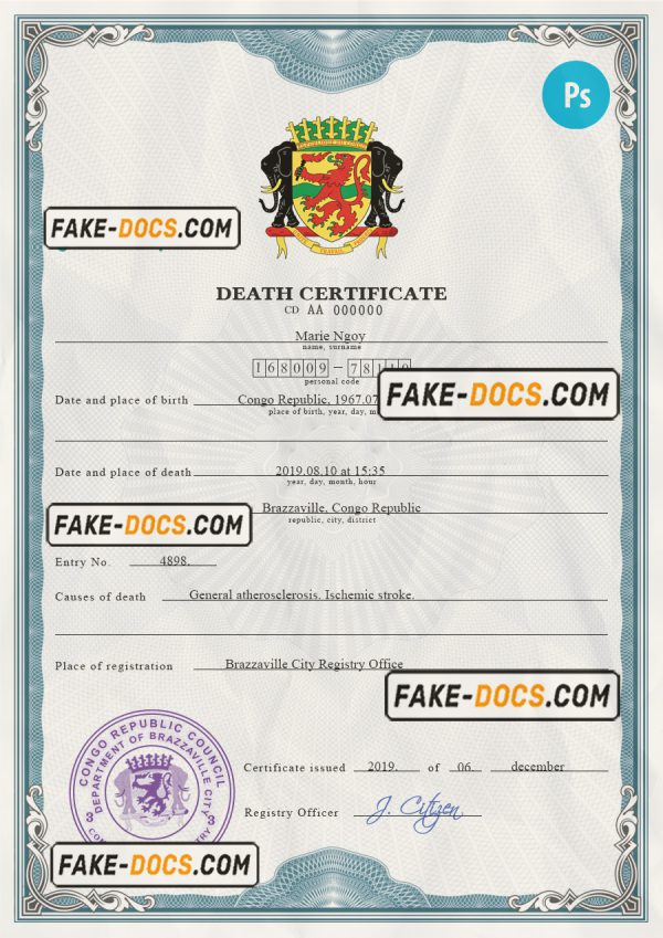 Congo vital record death certificate PSD template scan
