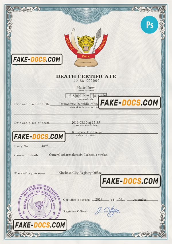 Congo (Democratic Republic of the Congo) vital record death certificate PSD template, completely editable scan
