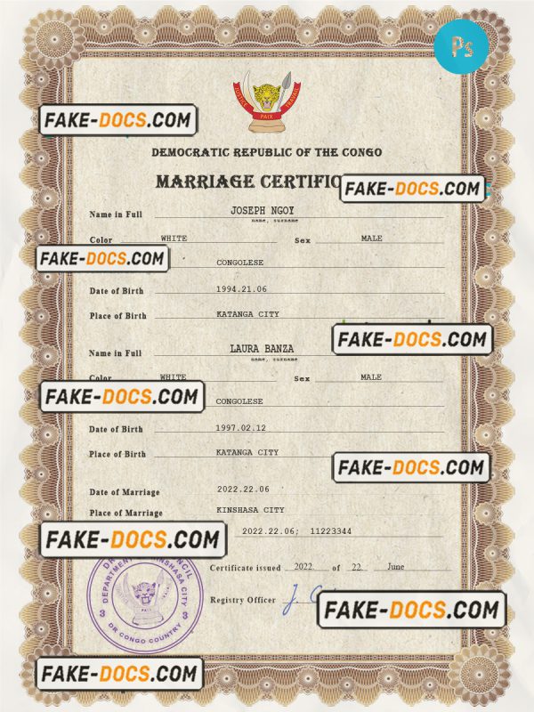 Congo Democratic Republic marriage certificate PSD template, fully editable scan