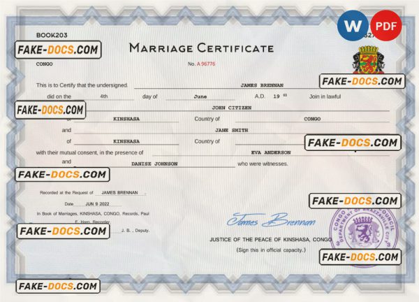 Congo marriage certificate Word and PDF template, fully editable scan