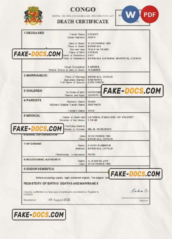 Congo death certificate Word and PDF template, completely editable scan