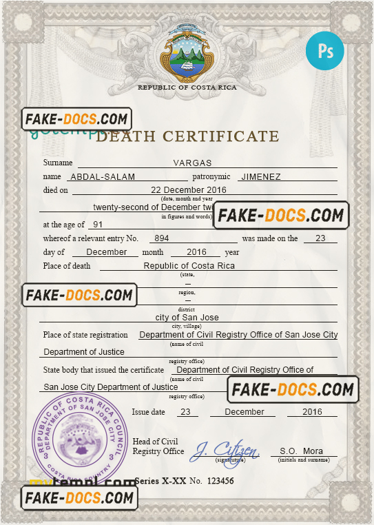 Costa Rica death certificate PSD template, completely editable scan