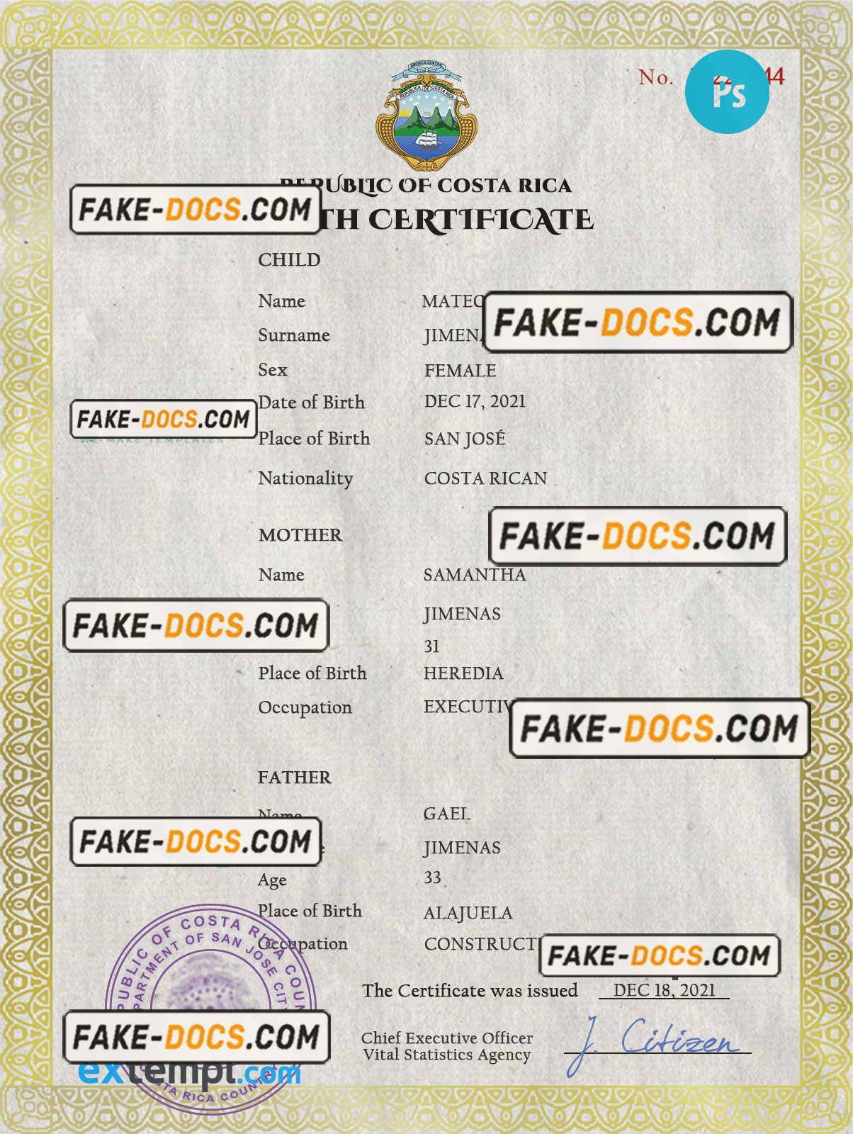 Costa Rica birth certificate PSD template completely editable Fake Docs
