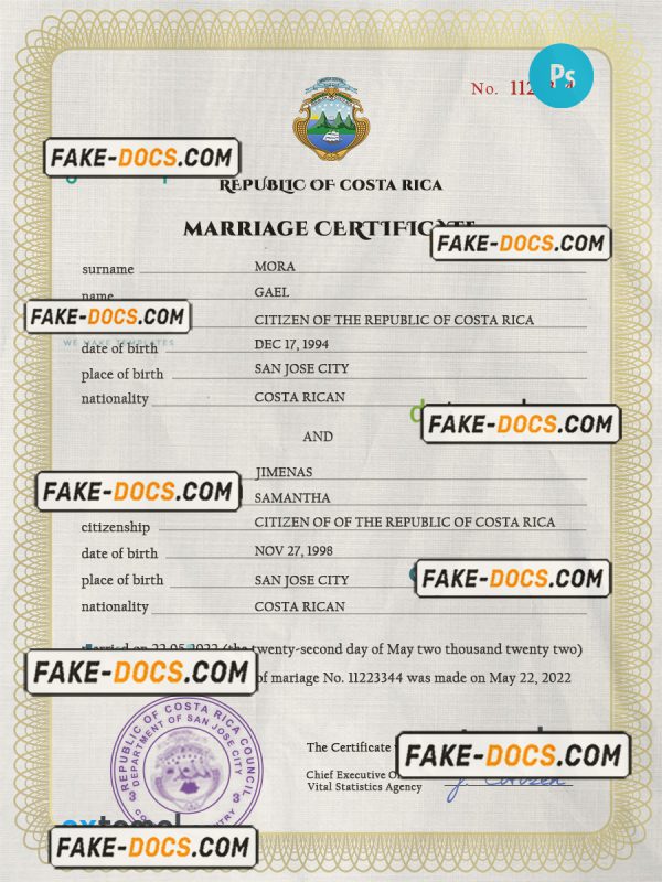 Costa Rica marriage certificate PSD template, fully editable scan