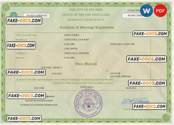 Costa Rica marriage certificate Word and PDF template, completely editable scan