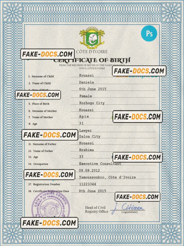 Côte d’Ivoire vital record birth certificate PSD template, fully editable scan