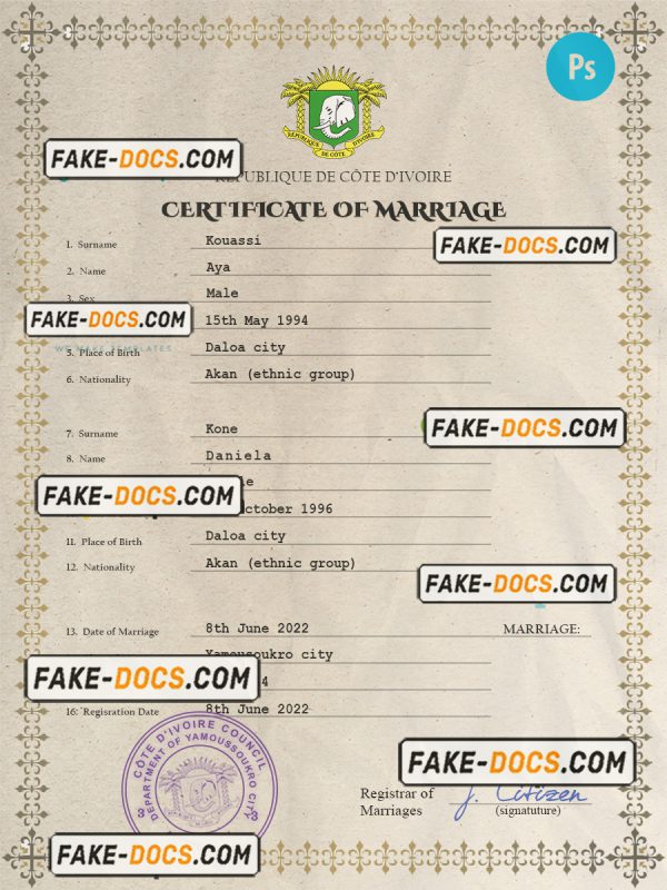 Côte d’Ivoire marriage certificate PSD template, completely editable scan