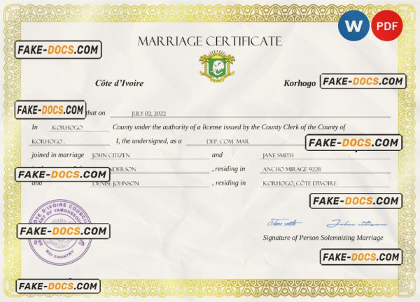 Cote d’Ivoire marriage certificate Word and PDF template, fully editable scan
