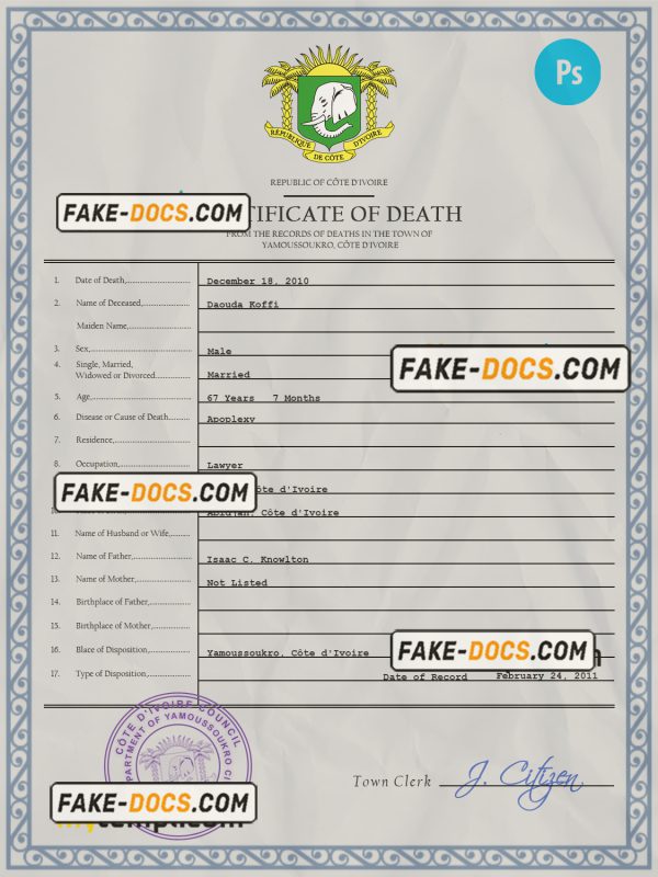 Côte d’Ivoire vital record death certificate PSD template, fully editable scan