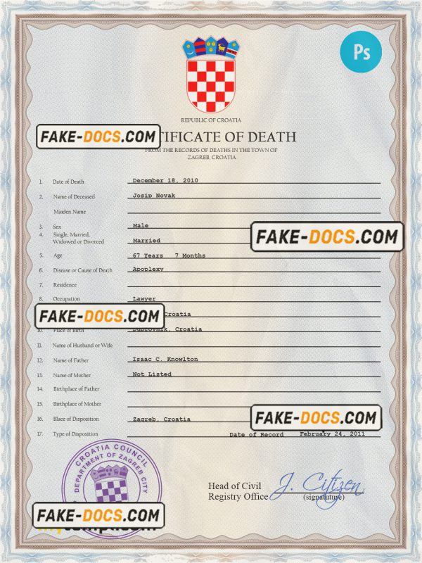 Croatia death certificate PSD template, completely editable scan