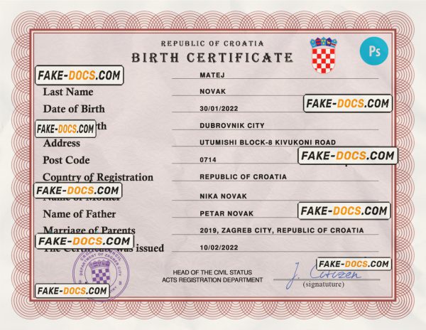 Croatia vital record birth certificate PSD template scan