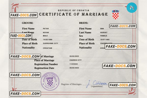 Croatia marriage certificate PSD template, fully editable scan