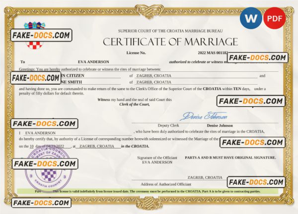Croatia marriage certificate Word and PDF template, completely editable scan