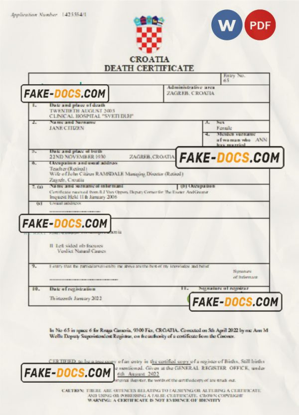 Croatia vital record death certificate Word and PDF template scan