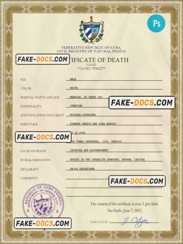 Cuba vital record death certificate PSD template, completely editable scan