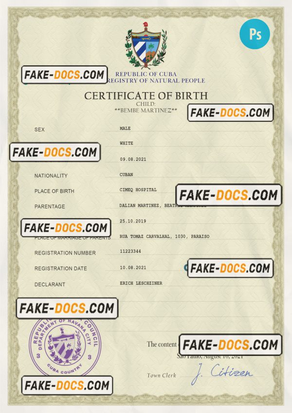 Cuba vital record birth certificate PSD template, completely editable scan