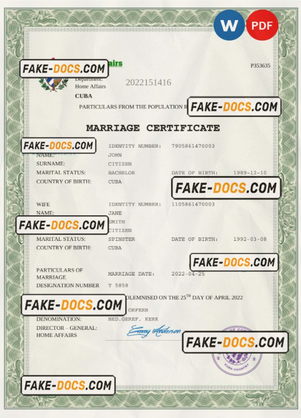 Cuba marriage certificate Word and PDF template, fully editable scan