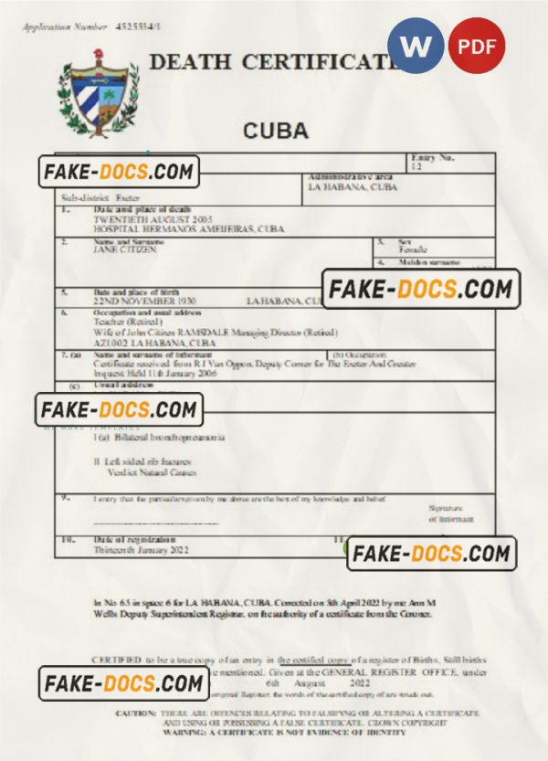 Cuba death certificate Word and PDF template, completely editable scan