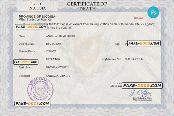 Cyprus vital record death certificate PSD template scan