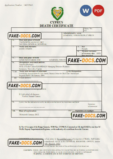 Cyprus vital record death certificate Word and PDF template scan