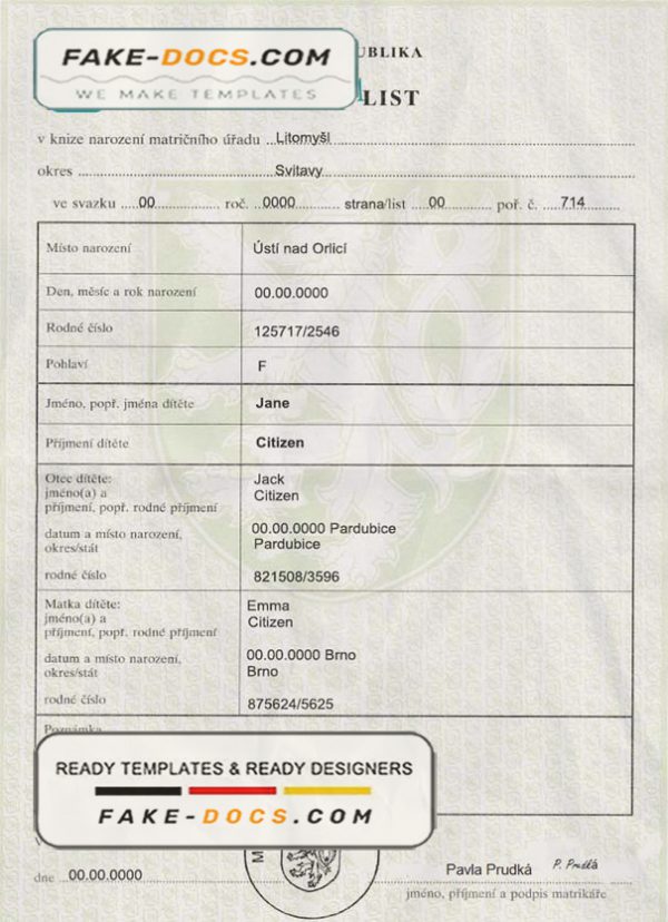 Czech birth certificate fully editable template in PSD format