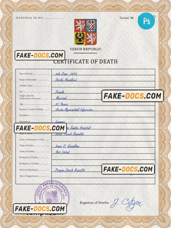Czechia death certificate PSD template, completely editable scan