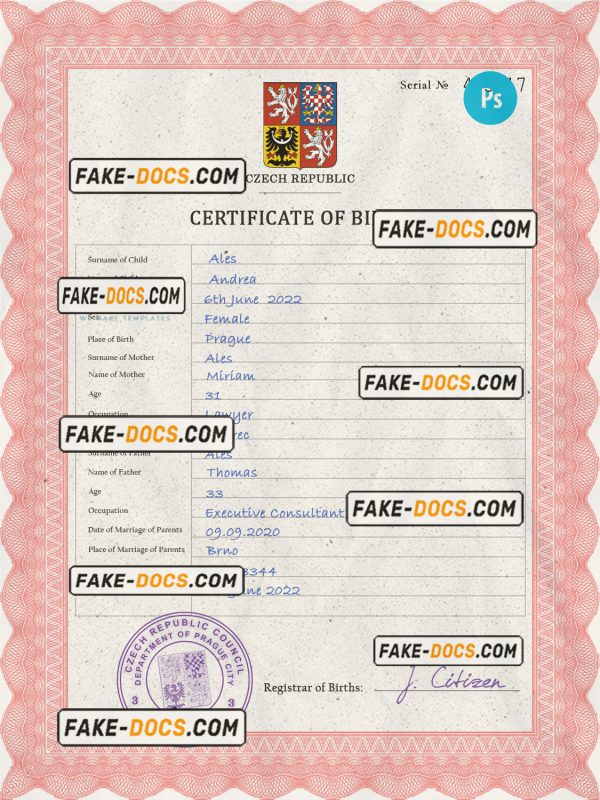 Czechia vital record birth certificate PSD template, completely editable scan