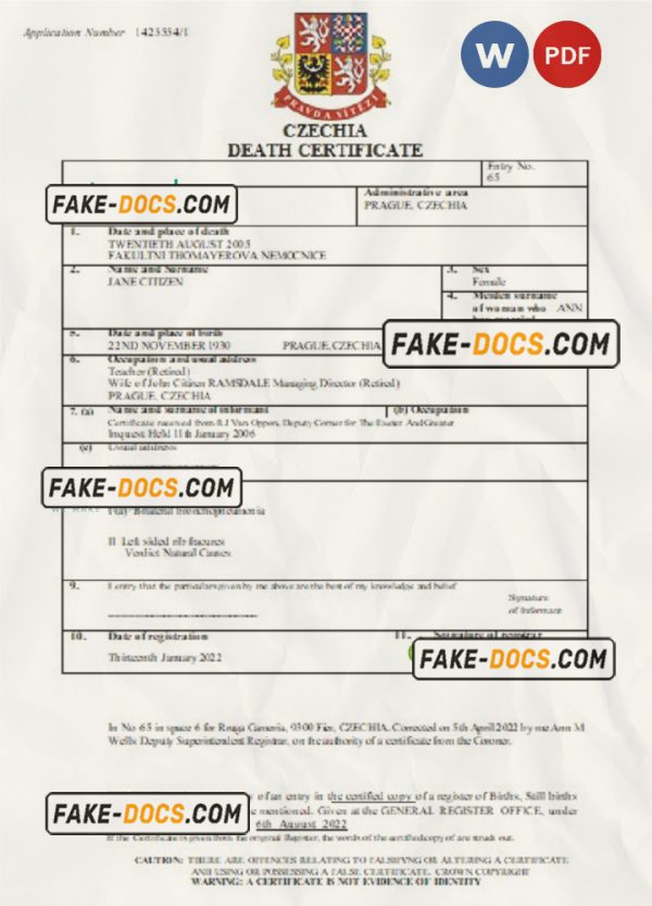 Czechia death certificate Word and PDF template, completely editable scan