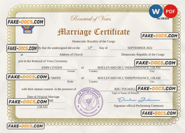 Democratic Republic of the Congo marriage certificate Word and PDF template, fully editable scan