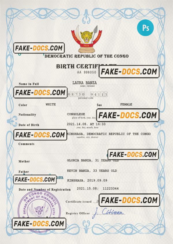 Democratic Republic of the Congo vital record birth certificate PSD template scan
