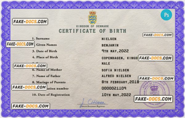 Denmark birth certificate PSD template, completely editable