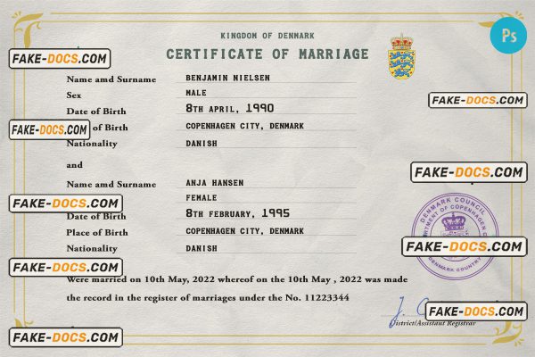 Denmark marriage certificate PSD template, completely editable scan