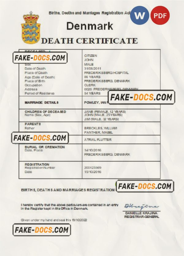 Denmark vital record death certificate Word and PDF template scan