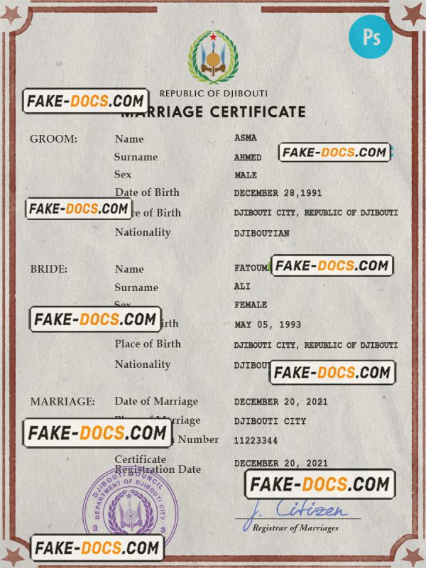 Djibouti marriage certificate PSD template, fully editable scan