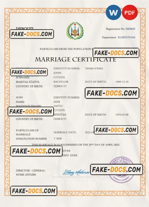 Djibouti marriage certificate Word and PDF template, fully editable scan