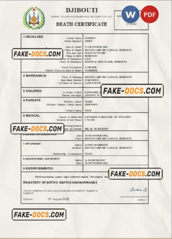 Djibouti death certificate Word and PDF template, completely editable scan