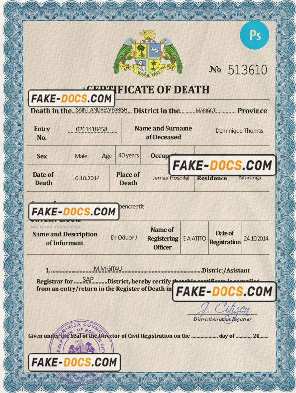 Dominica vital record death certificate PSD template, completely editable scan