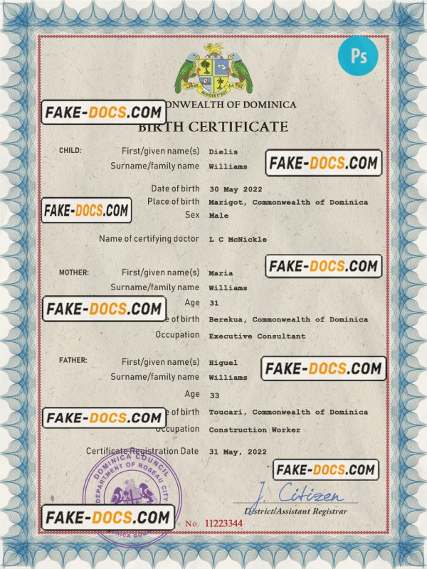 Dominica vital record birth certificate PSD template scan