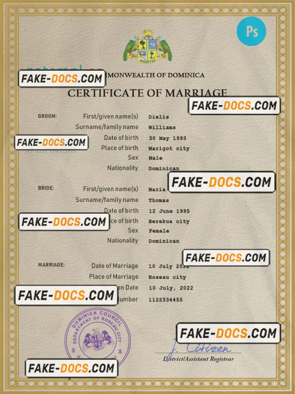 Dominica marriage certificate PSD template, completely editable scan